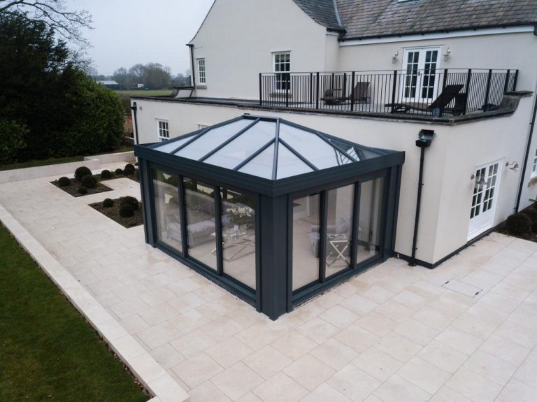 A {glass conservatory} in Westbury-On Severn.